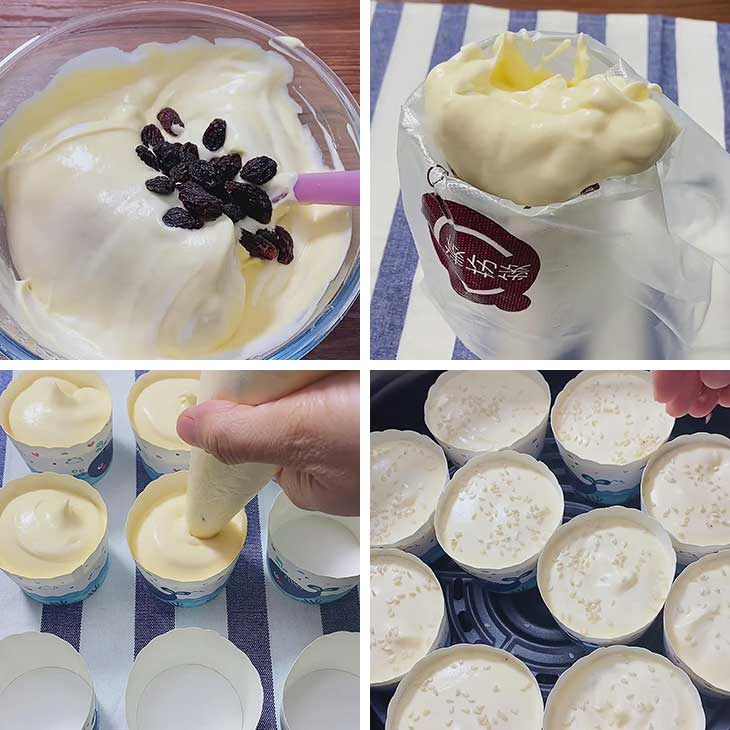 add raisins and fill the cupcake liners