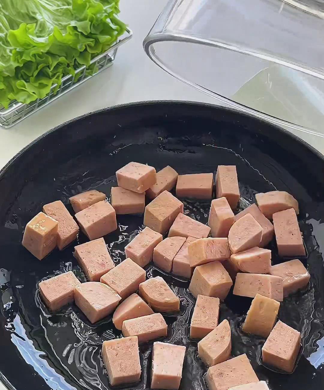 add the luncheon meat cubes