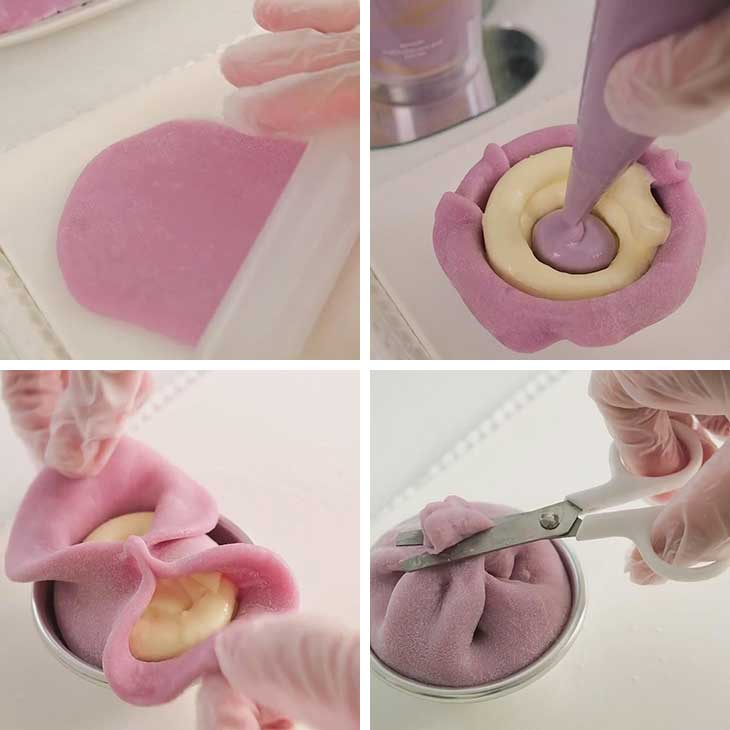 assembling the taro mochi