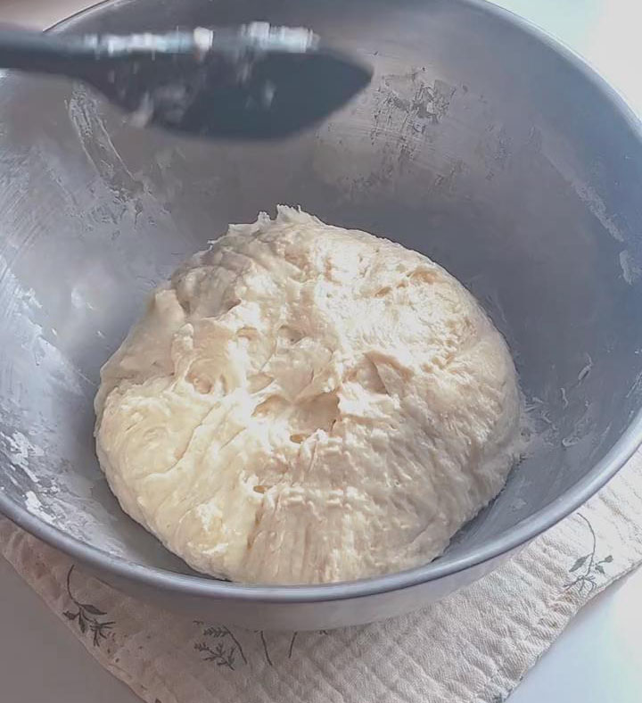 mix with a spatula or wooden spoon until the ingredients form a rough sticky dough mix with a spatula or wooden spoon until the ingredients form a rough sticky dough