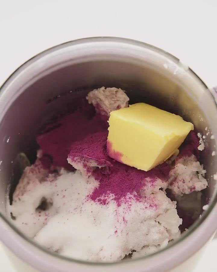 place the steamed taro in a blender add purple sweet potato powder sugar milk and butter